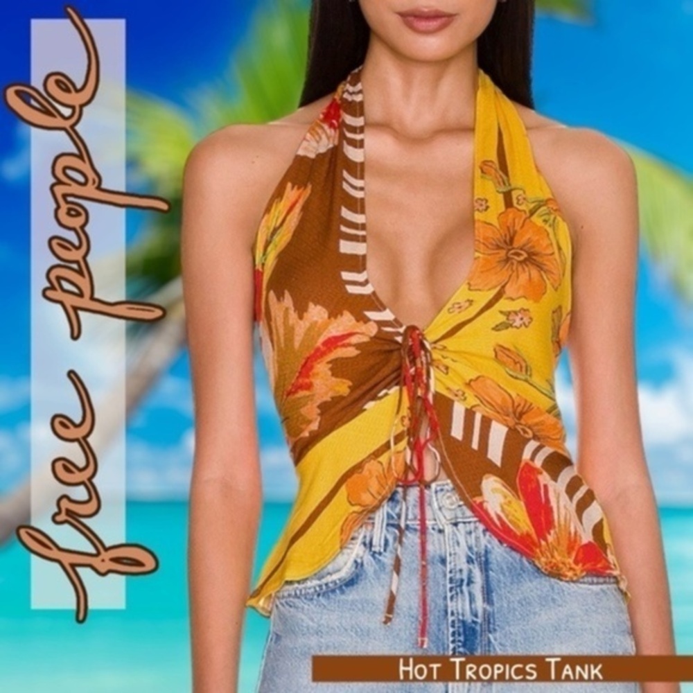 FREE PEOPLE NWT Hot Tropics Plunge Neck Tie Front Racer Back Viscose Tank Top-Md